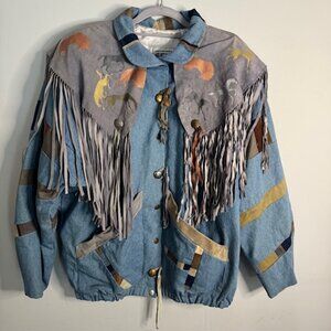 Vintage SFR Santa Fe Recreations Denim Leather Fringe Western Jacket Size Medium
